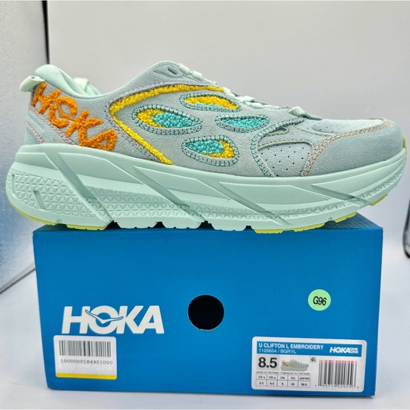 NWT Hoka Clifton Leather Embroidery UNISEX Shoes blue glass radiant yellow NEW - Picture 12 of 16